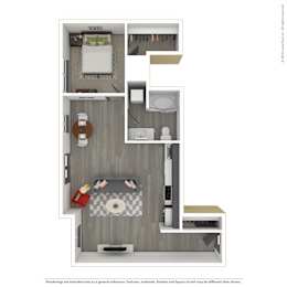 A 3D rendered image of a modern apartment.