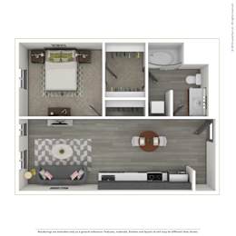 A 3D rendered image of a modern apartment.