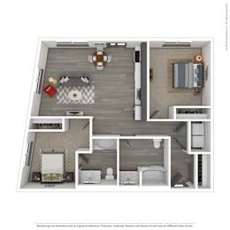 A 3D rendered image of a modern apartment.