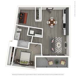 A 3D rendered image of a modern apartment.