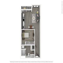 A 3D rendered image of a modern apartment.