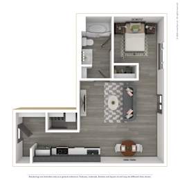 A 3D rendered image of a modern apartment.