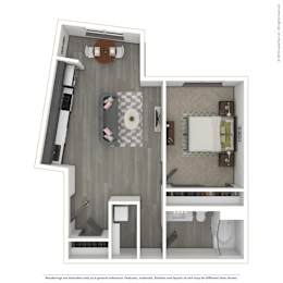 A 3D rendered image of a modern apartment.