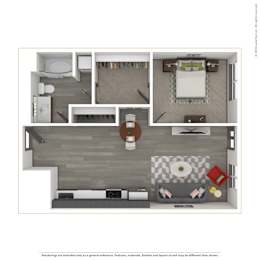 A 3D rendered image of a modern apartment.