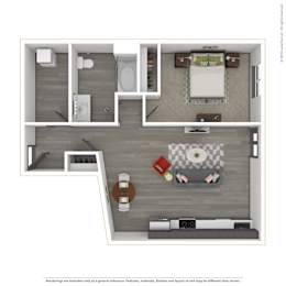 A 3D rendered image of a modern apartment.