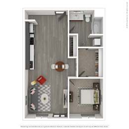 A 3D rendered image of a modern apartment.
