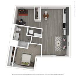 A 3D rendered image of a modern apartment.