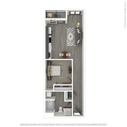 A 3D rendered image of a modern apartment.