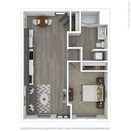 A 3D rendered image of a modern apartment.