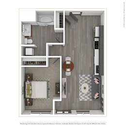 A 3D rendered image of a modern apartment.