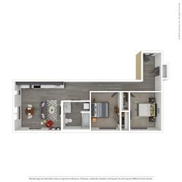 A 3D rendered image of a modern apartment.
