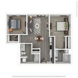 A 3D rendered image of a modern apartment.