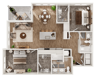 Floor Plan  A top-down view of a house layout with a living room, kitchen, and bathrooms.