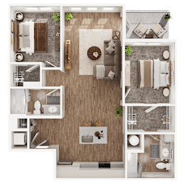 Floor Plan  A top-down view of a house layout with a living room, kitchen, and bathrooms.