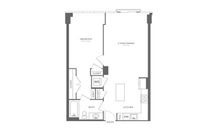 A floor plan of a house with a living room, dining room, kitchen, bathroom, and two closets.