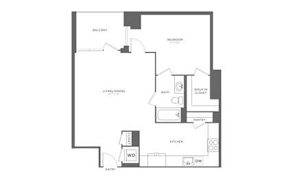 A floor plan of a house with a balcony, living/dining area, kitchen, pantry, bath, and bedroom.