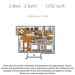 2 Bed 2 Bath Floorplan at La Contessa Luxury Apartments, Laredo