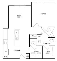 A black and white floor plan of a house with a living room, kitchen, bathroom, and bedroom.