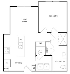 A black and white floor plan of a house with a living room, kitchen, bathroom, and bedroom.