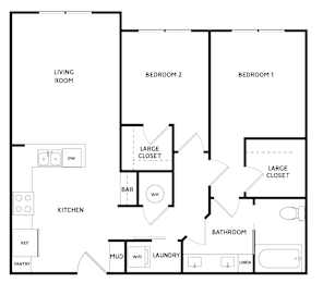 A black and white floor plan of a house with two bedrooms, a living room, a kitchen, a bathroom, a pantry, a mud room, a laundry room, and two large closets.