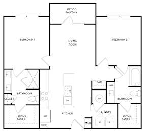 A black and white floor plan of a house with two bedrooms, two bathrooms, a living room, a kitchen, a pantry, a laundry area, and a large closet.