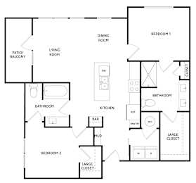 A black and white floor plan of a house with two bedrooms, a living room, a kitchen, a bathroom, and a pantry.