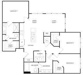 A floor plan of a house with three bedrooms, a laundry room, and a garage.