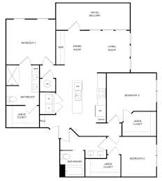 A floor plan of a home with three bedrooms, a bathroom, a dining room, a living room, a pantry, and a large closet.