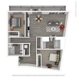 A 3D rendered image of a modern apartment.
