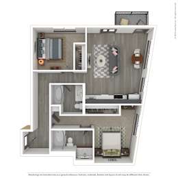 A 3D rendered image of a modern apartment.