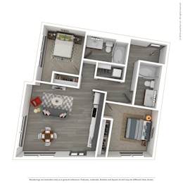 A 3D rendered image of a modern apartment.