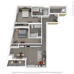 A 3D rendered image of a modern apartment.