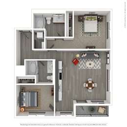 A 3D rendered image of a modern apartment.