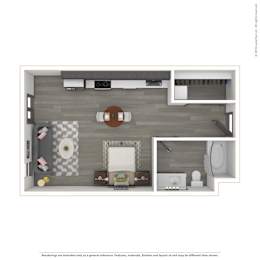 A 3D rendered image of a modern apartment.