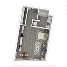 A 3D rendered image of a modern apartment layout.