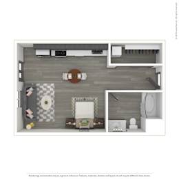 A 3D rendered image of a modern apartment.