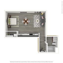 A 3D rendered image of a modern apartment.