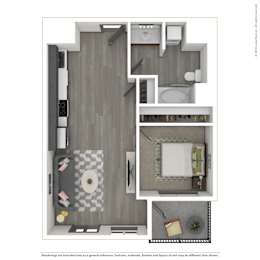 A 3D rendered image of a modern apartment.
