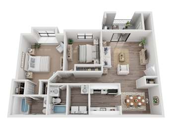 A 3D floor plan of a house with multiple rooms and furniture.