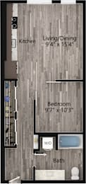 floor plan for a small bathroom with a toilet and a bath tub