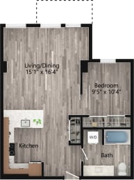 a floor plan drawing of a 1 bedroom apartment