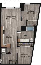 a floor plan drawing of a 2 bedroom, 1 bath apartment