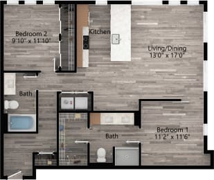 a floor plan drawing of a 2 bedroom, 2 bath apartment