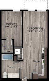 a floor plan drawing of a 1 bedroom, 1 bath apartment