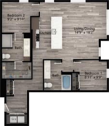 a floor plan drawing of a 2 bedroom, 2 bath apartment