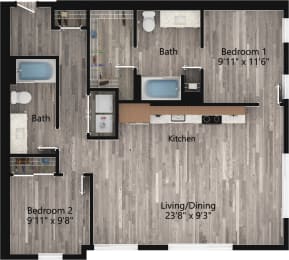 a floor plan drawing of a 2 bedroom, 2 bath apartment