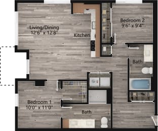 a floor plan drawing of a 2 bedroom, 2 bath apartment