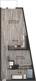 a floor plan drawing of a 1 bedroom, 1 bath apartment