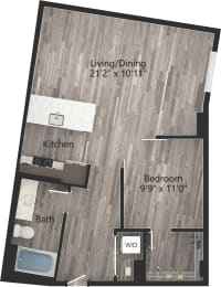 a floor plan drawing of a 1 bedroom, 1 bath apartment