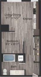 a floor plan drawing of a 1 bedroom, 1 bath apartment